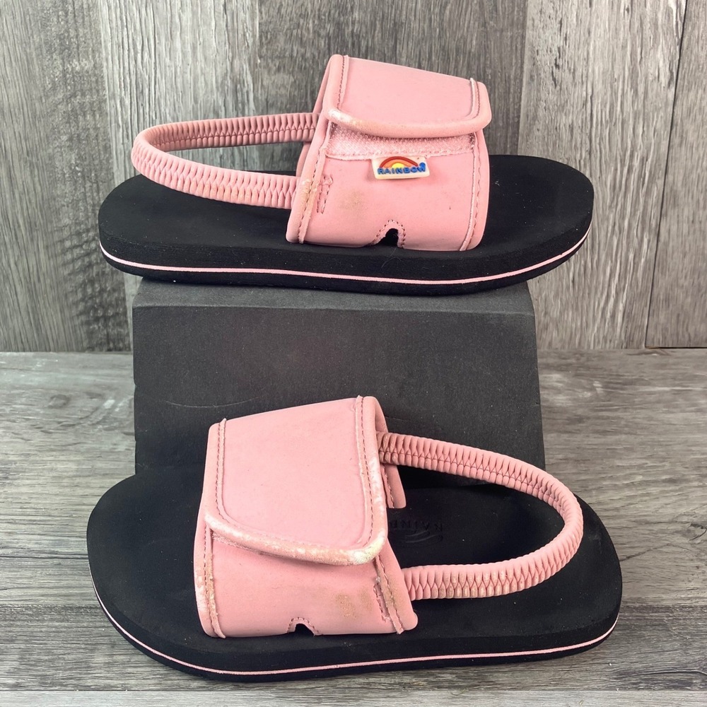 Rainbow Sandals Kids Pink Black Slide Sandals Back Strap Size 9/10 4869-0809
